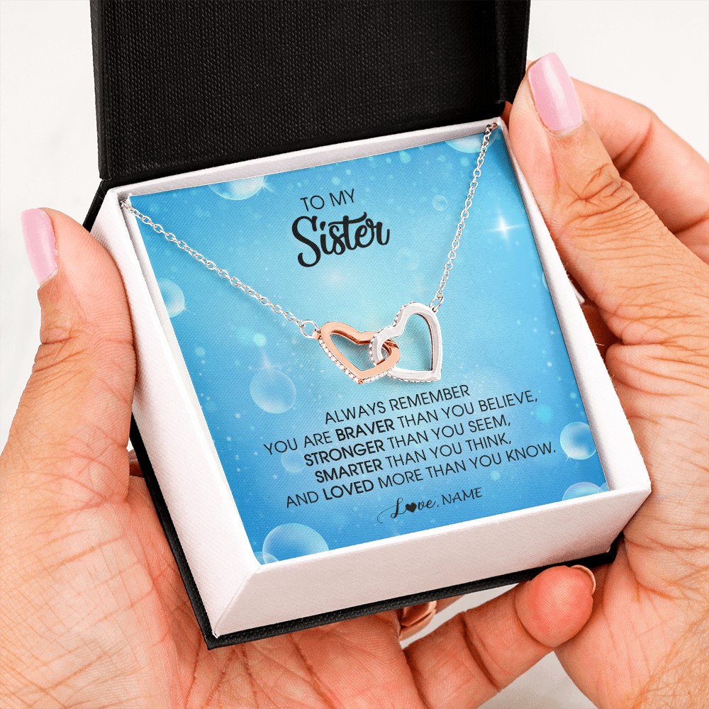 Interlocking Hearts Necklace | Personalized To My Sister Necklace From Sister Brother Always Remember You Are Braver Sister Pendant Jewelry Birthday Christmas Customized Message Card | teecentury