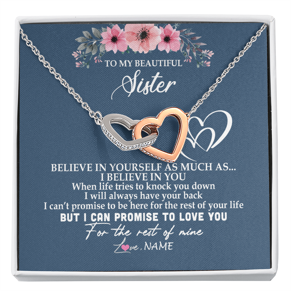 Interlocking Hearts Necklace | Personalized To My Sister Necklace from Brother Sister Believe In Yourself Sister Birthday Graduation Christmas Customized Message Card | teecentury