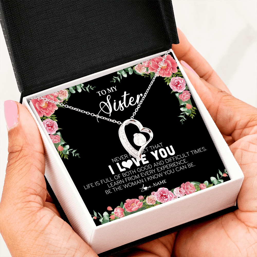 Forever Love Necklace | Personalized To My Sister Necklace from Brother Sister Never Forget I Love You Floral Jewelry for Sister Birthday Graduation Christmas Customized Message Card | teecentury