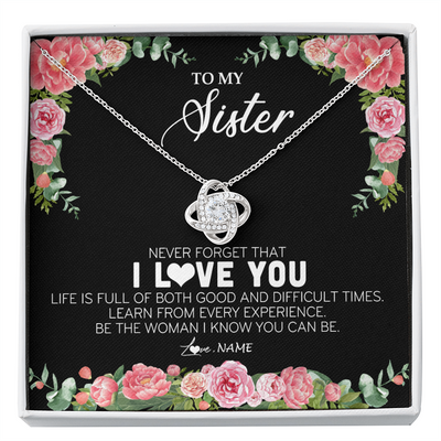Love Knot Necklace | Personalized To My Sister Necklace from Brother Sister Never Forget I Love You Floral Jewelry for Sister Birthday Graduation Christmas Customized Message Card | teecentury