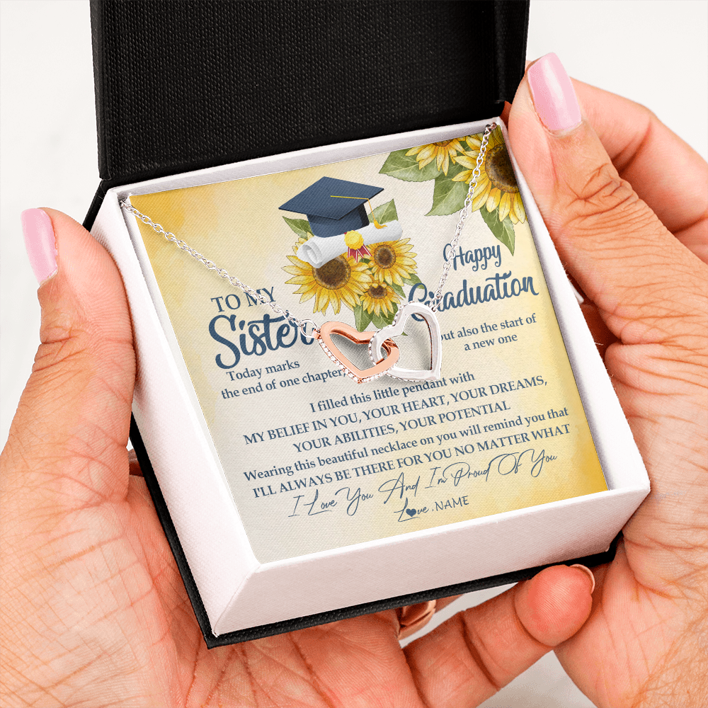 Interlocking Hearts Necklace | Personalized To My Sister On Her Graduation Day Necklace Flower I Love You I'm Proud Of You Class of 2022 Sister Jewelry Customized Gift Box Message Card | teecentury