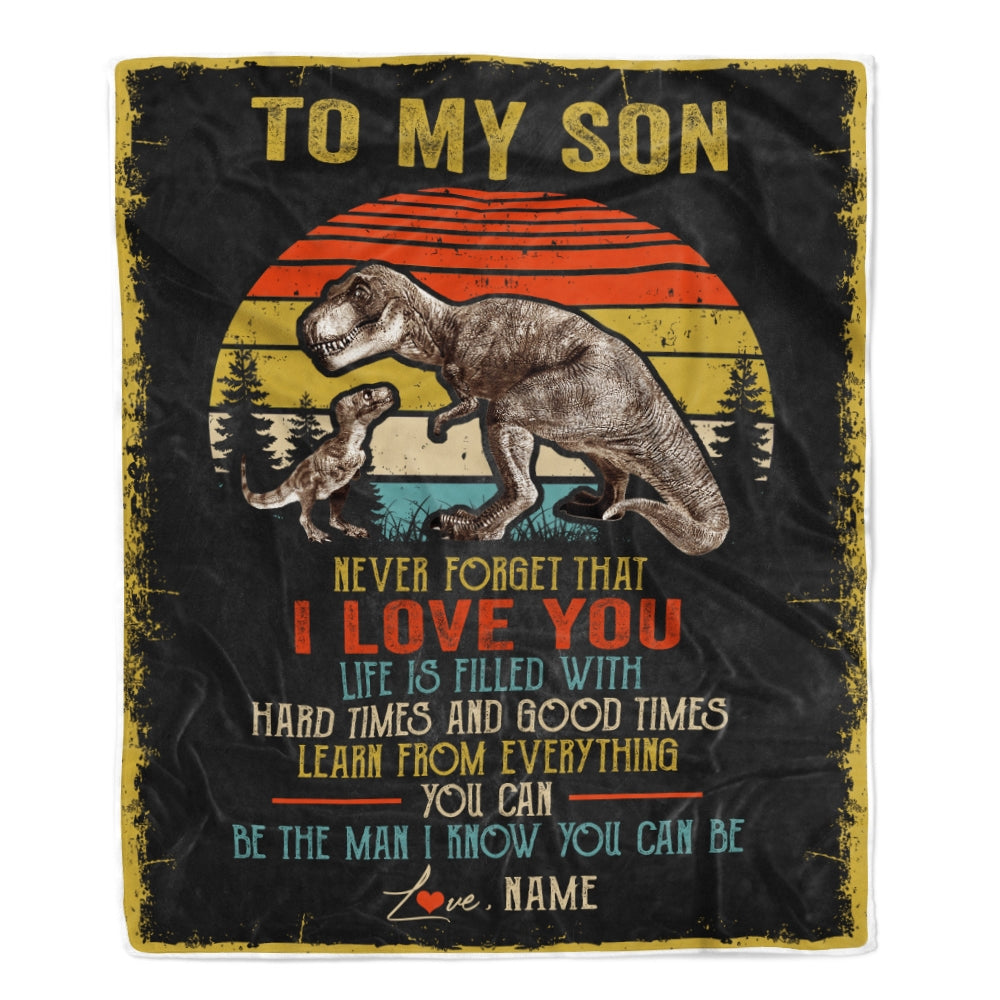 Personalized To My Son Blanket From Dad Mom Father Never Forget I Love You Vintage T-Rex Dinosaur Son Birthday Christmas Customized Fleece Throw Blanket Blanket | Teecentury.com