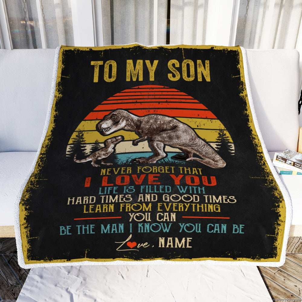 Personalized To My Son Blanket From Dad Mom Father Never Forget I Love You Vintage T-Rex Dinosaur Son Birthday Christmas Customized Fleece Throw Blanket Blanket | Teecentury.com
