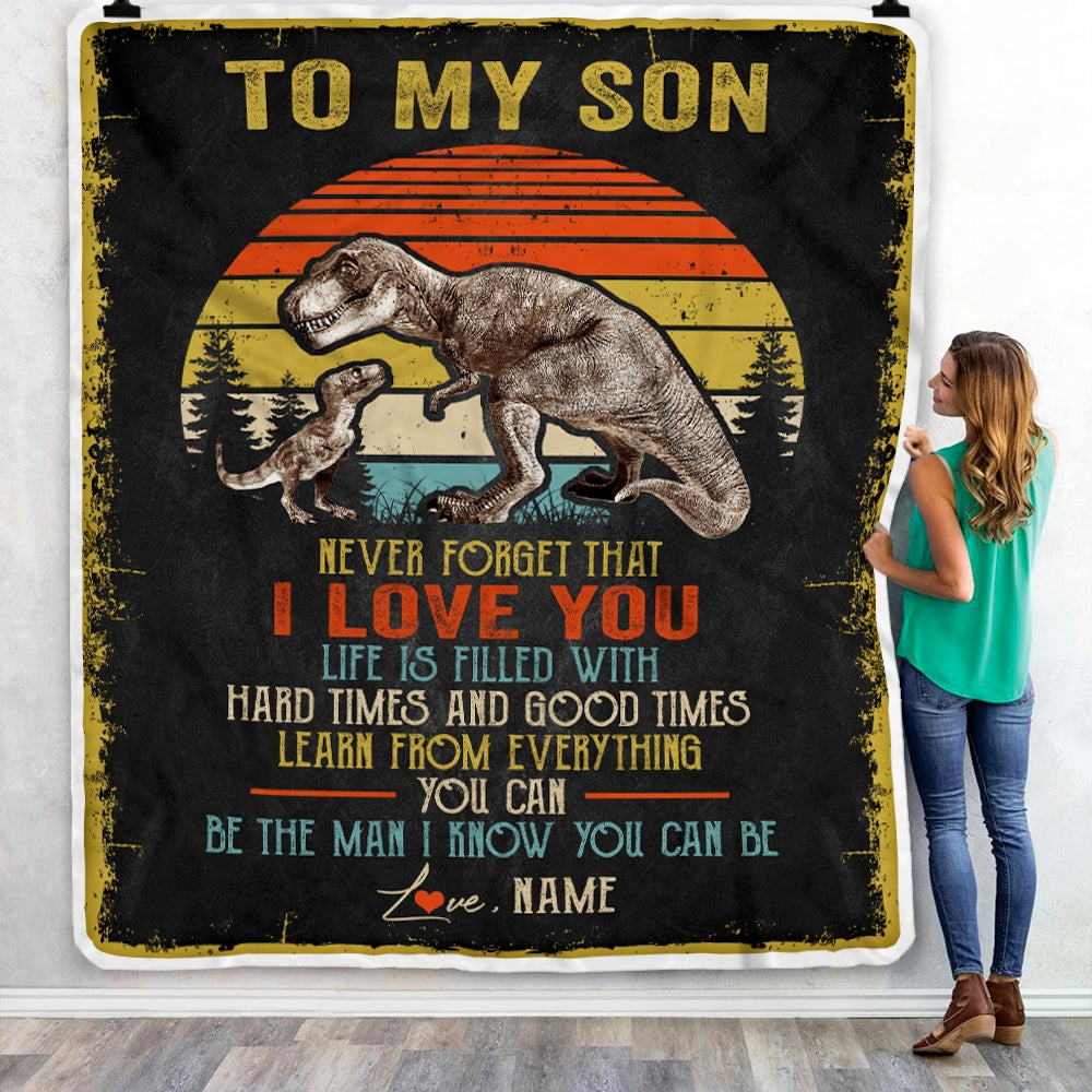 Personalized To My Son Blanket From Dad Mom Father Never Forget I Love You Vintage T-Rex Dinosaur Son Birthday Christmas Customized Fleece Throw Blanket Blanket | Teecentury.com