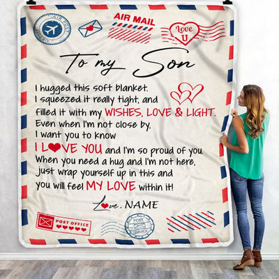 Personalized To My Son Blanket From Mom Dad Air Mail Letter I Love You Son Birthday Graduation Christmas Customized Fleece Throw Blanket | teecentury