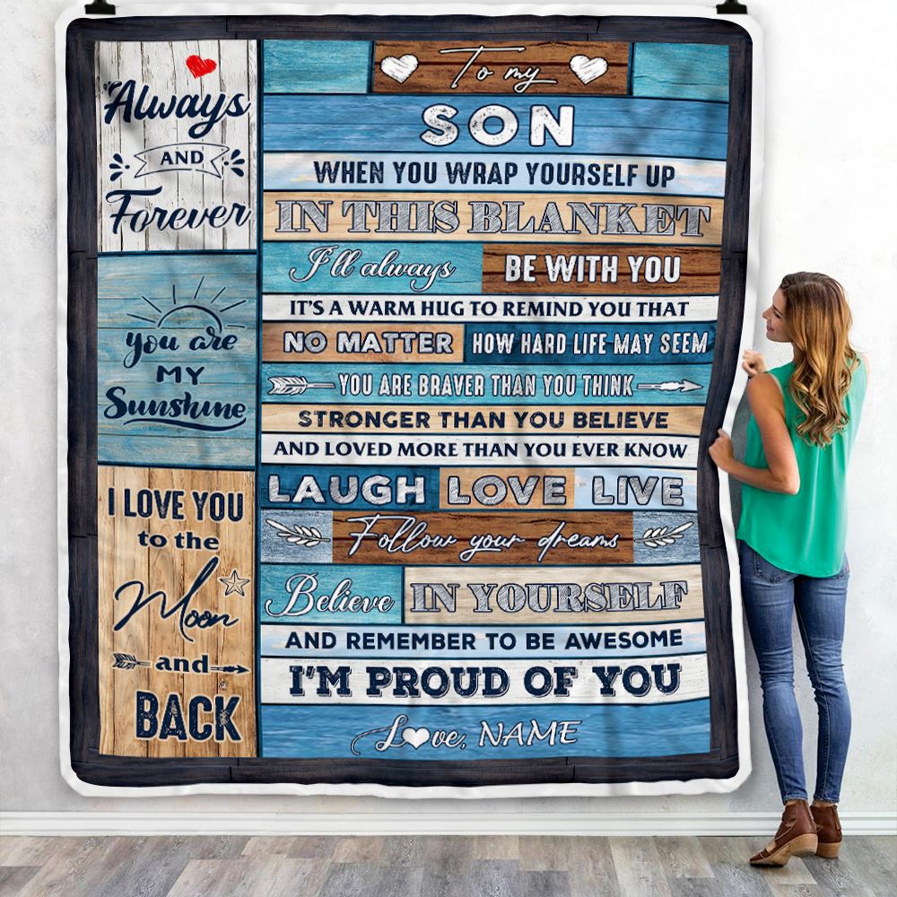 Personalized To My Son Blanket From Mom Dad Believe in Yourself Wood Son Birthday Graduation Christmas Customized Bed Quilt Fleece Throw Blanket | teecentury