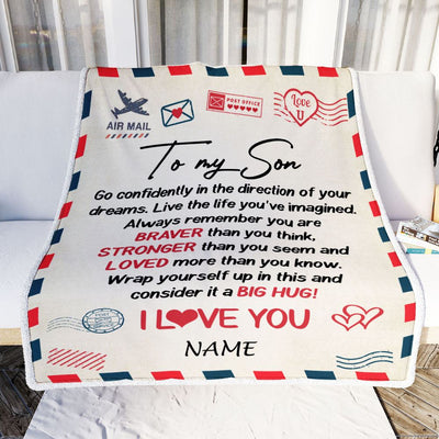 Personalized To My Son Blanket From Mom Dad Mother Air Mail Letter Confidently I Love You Son Birthday Graduation Christmas Customized Fleece Throw Blanket | teecentury