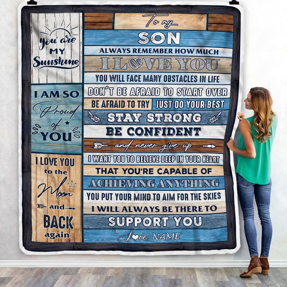 Personalized To My Son Blanket From Mom Dad Mother Wood How Much I Love You Son Birthday Travel Graduation Christmas Customized Fleece Throw Blanket | teecentury