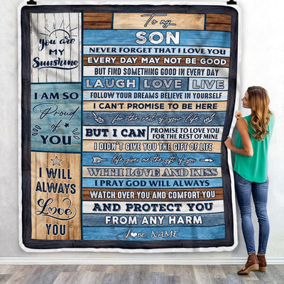 Personalized To My Son Blanket From Mom Dad Mother Wood You Are My Sunshine I Love You Son Birthday Graduation Christmas Customized Bed Fleece Throw Blanket | teecentury