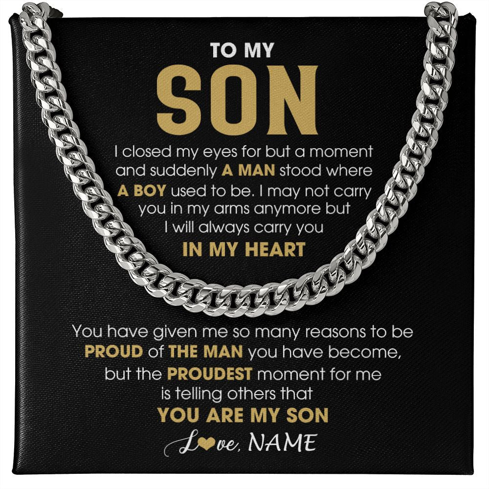 Cuban Link Chain Necklace | Personalized To My Son Cuban Necklace From Mom Dad Mother Father Proud Of The Man Son Birthday Graduation Christmas Customized Gift Box Message Card | teecentury
