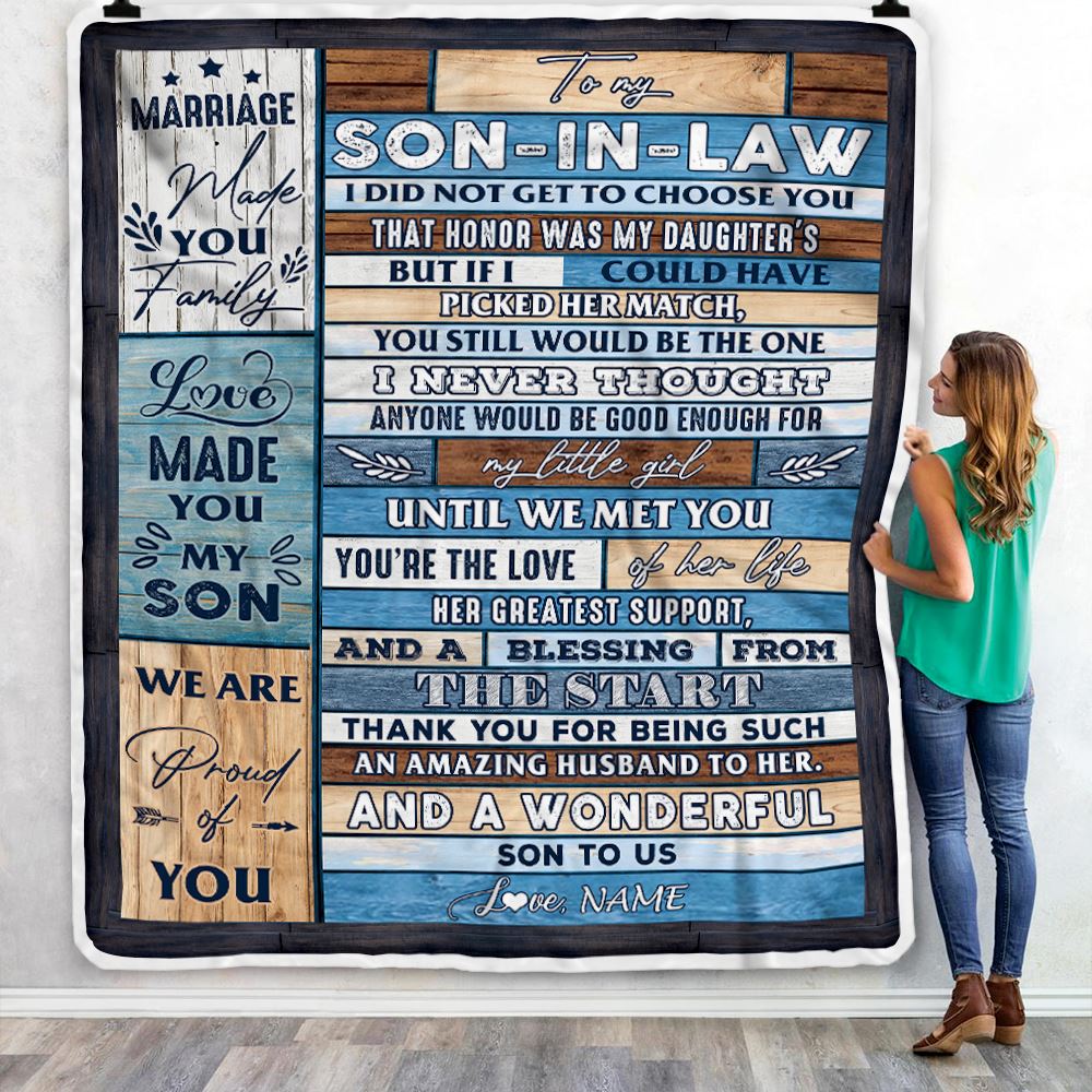 Personalized To My Son In Law Blanket From Mother In Law Wood Wonderful Son To Us Son In Law Birthday Thanksgiving Christmas Customized Fleece Throw Blanket | teecentury
