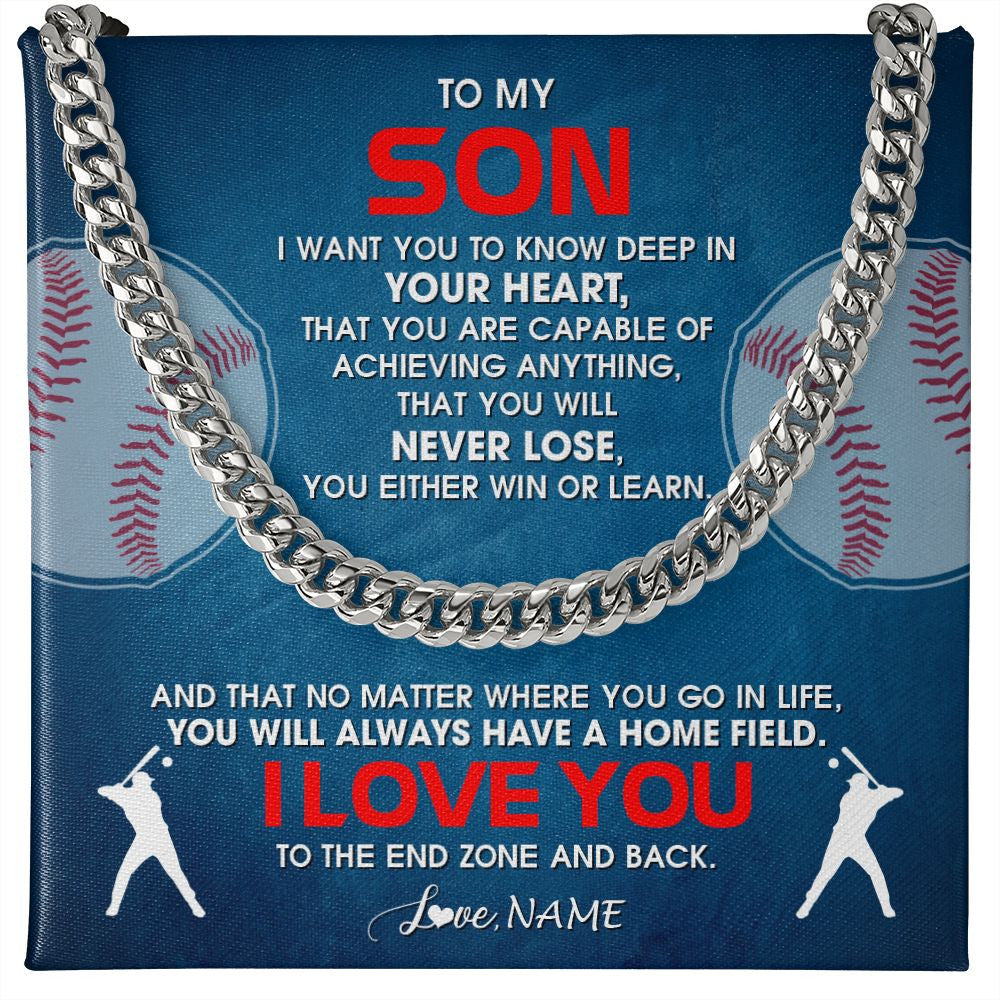 Cuban Link Chain Necklace | Personalized To My Son Necklace From Mom Dad Mother Father Never Lose Baseball Son Birthday Graduation Christmas Customized Gift Box Message Card | teecentury