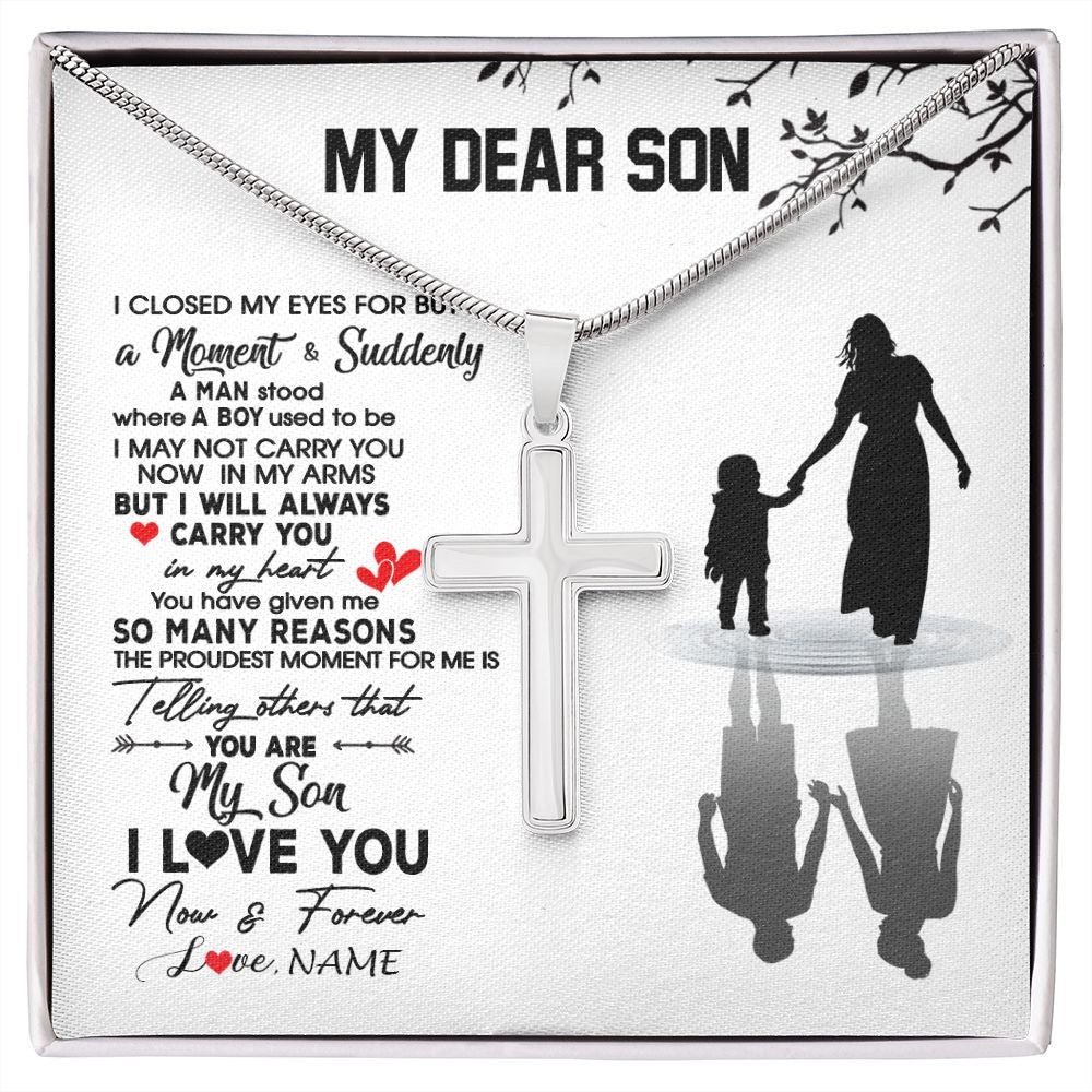 Stainless Cross Necklace | Personalized To My Son Necklace From Mom Mother I Love You Letters For Him Son Birthday Graduation Christmas Customized Gift Box Message Card | teecentury