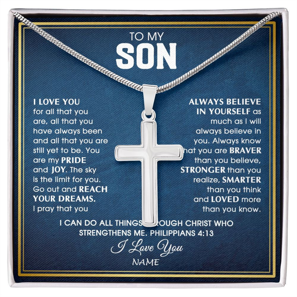 Stainless Cross Necklace | Personalized To My Son Necklace from Mom Dad Father I Love You For All That You Are Son Birthday Graduation Christmas Jewelry Customized Gift Box Message Card | teecentury