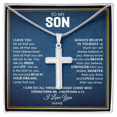 Stainless Cross Necklace | Personalized To My Son Necklace from Mom Dad Father I Love You For All That You Are Son Birthday Graduation Christmas Jewelry Customized Gift Box Message Card | teecentury