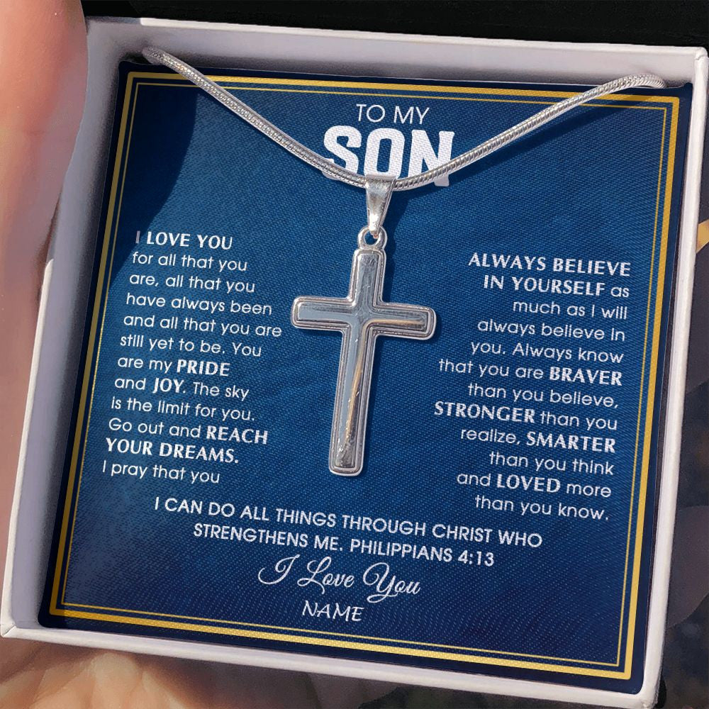 Stainless Cross Necklace | Personalized To My Son Necklace from Mom Dad Father I Love You For All That You Are Son Birthday Graduation Christmas Jewelry Customized Gift Box Message Card | teecentury