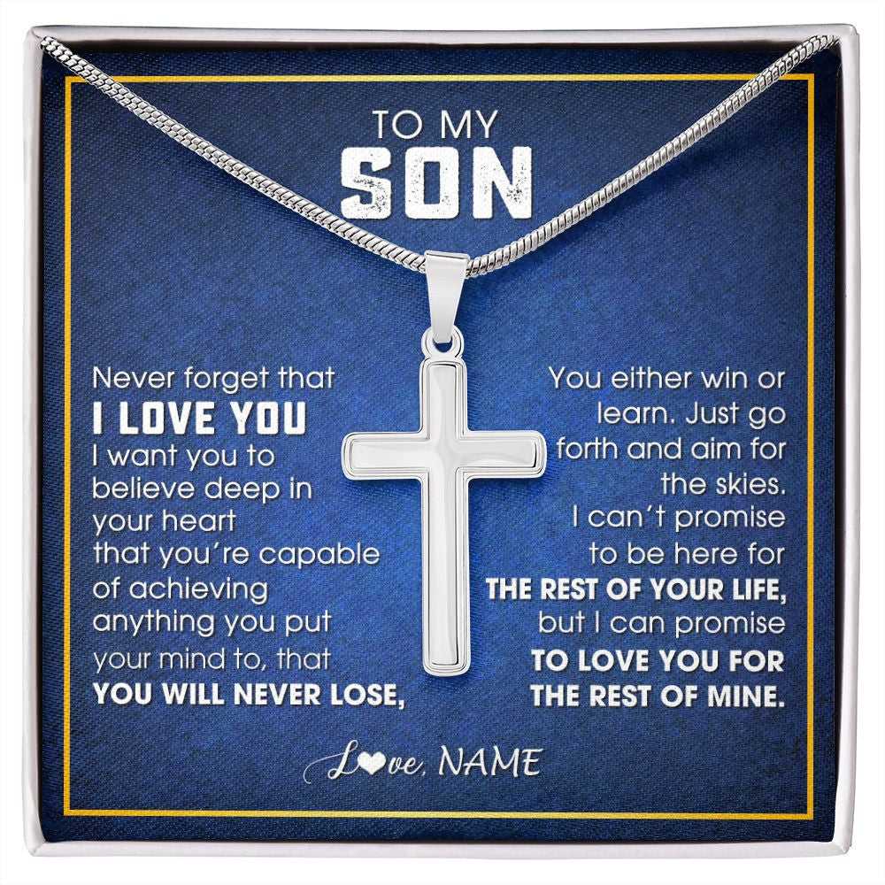 Stainless Cross Necklace | Personalized To My Son Necklace from Mom Dad Father Never Forget That I Love You Son Birthday Graduation Christmas Jewelry Customized Gift Box Message Card | teecentury