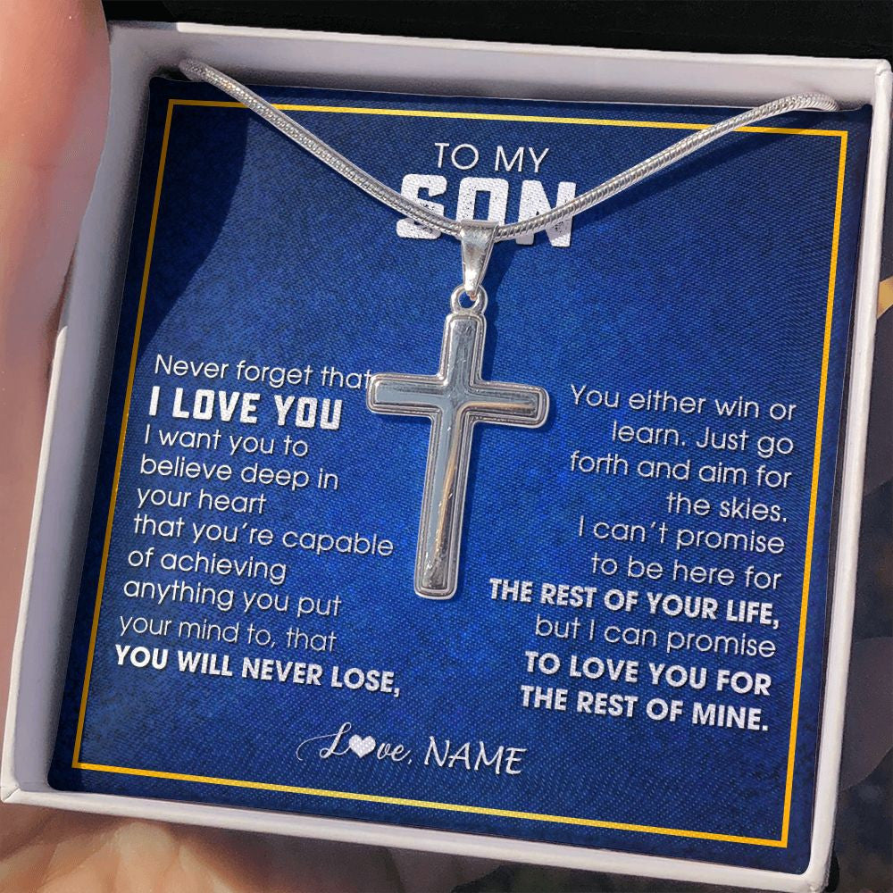 Stainless Cross Necklace | Personalized To My Son Necklace from Mom Dad Father Never Forget That I Love You Son Birthday Graduation Christmas Jewelry Customized Gift Box Message Card | teecentury
