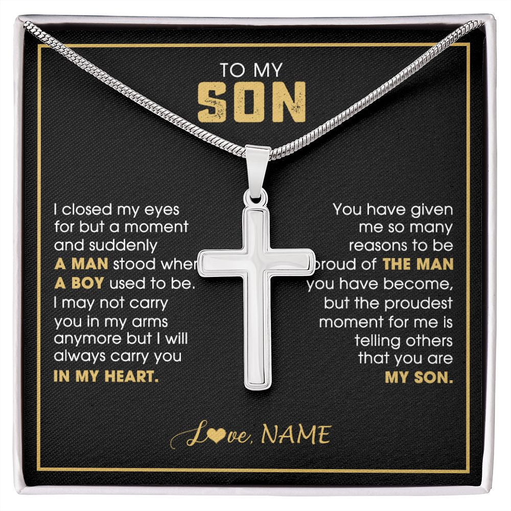 Stainless Cross Necklace | Personalized To My Son Necklace from Mom Mother Dad I Closed My Eyes For A Moment Son Birthday Graduation Christmas Jewelry Customized Gift Box Message Card | teecentury