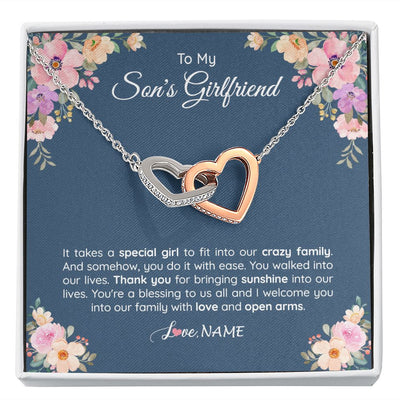 Interlocking Hearts Necklace | Personalized To My Son's Girlfriend Necklace From Mom It Takes A Special Girlfriend Birthday Wedding Valentines Day Christmas Customized Gift Box Message Card | teecentury
