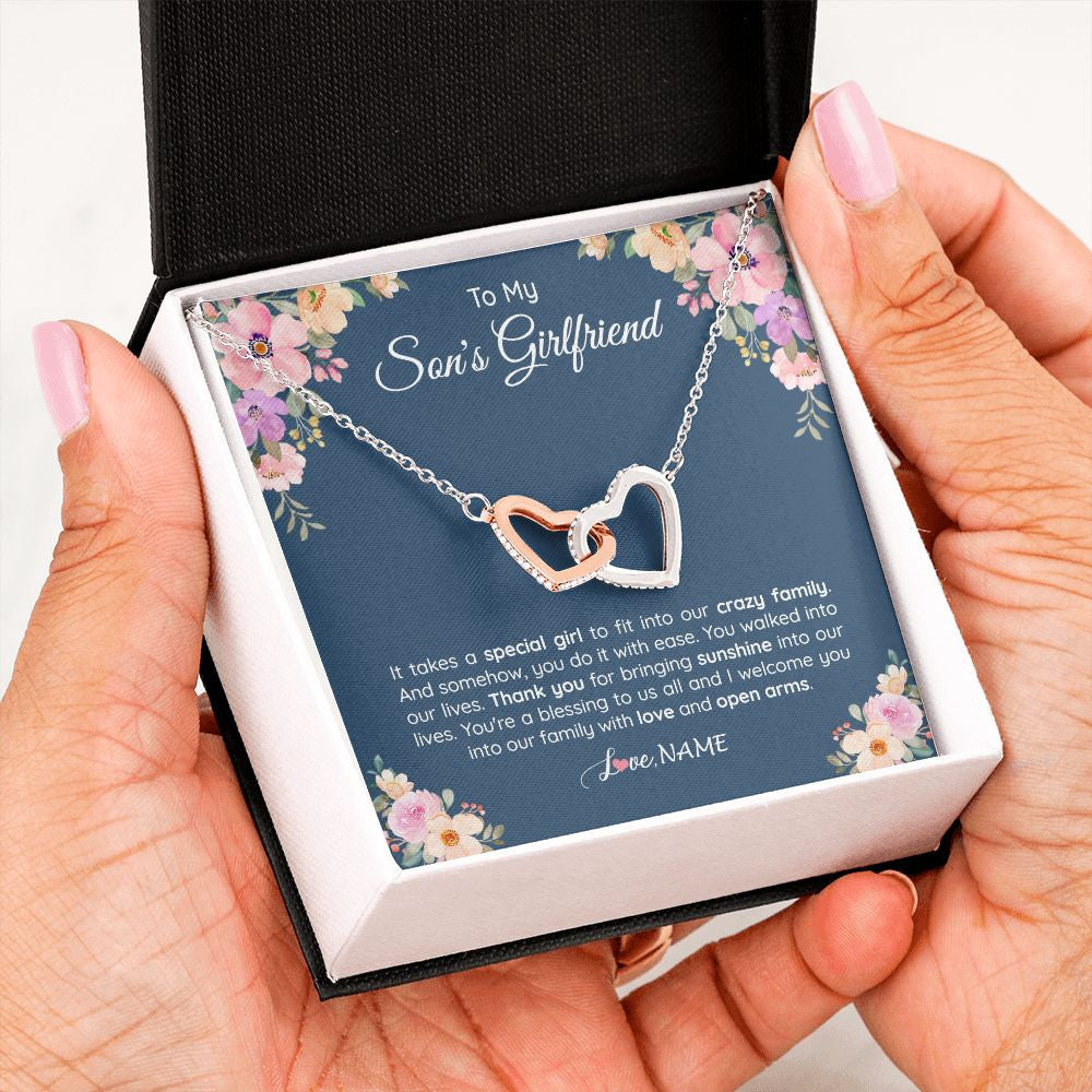 Interlocking Hearts Necklace | Personalized To My Son's Girlfriend Necklace From Mom It Takes A Special Girlfriend Birthday Wedding Valentines Day Christmas Customized Gift Box Message Card | teecentury