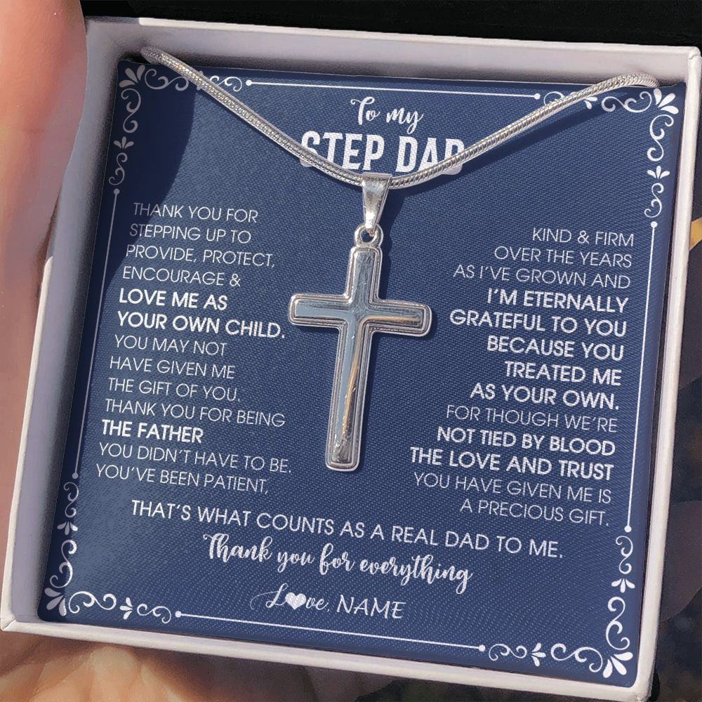 Stainless Cross Necklace | Personalized To My Step Dad Cross Necklace From Stepdaughter Thank You For Stepping Up Stepfahter Fathers Day Christmas Customized Gift Box Message Card | teecentury