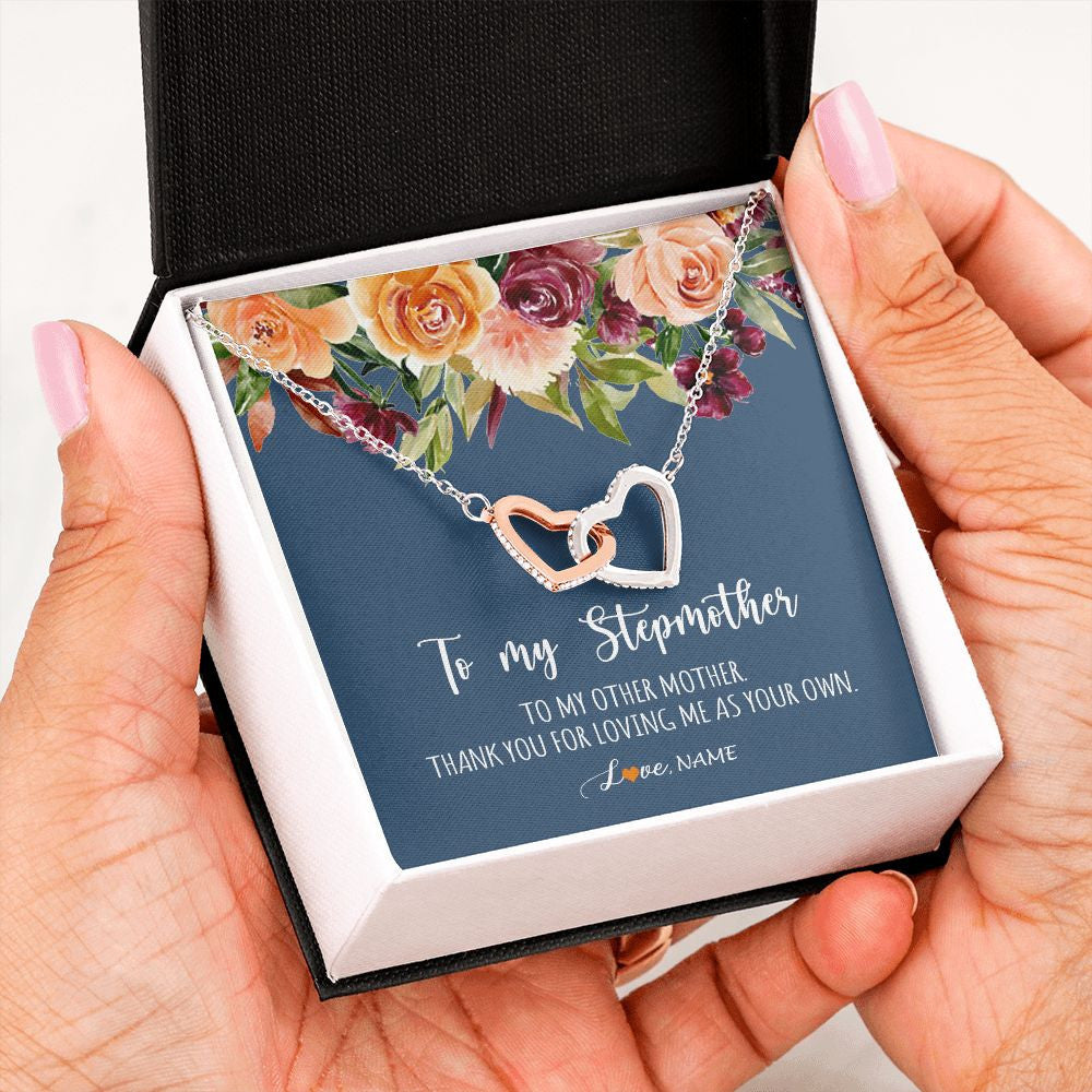 Interlocking Hearts Necklace | Personalized To My Stepmother Necklace Thank You For Loveing Me As Your Own Bonus Mom Stepmom Birthday Mothers Day Christmas Customized Gift Box Message Card | teecentury
