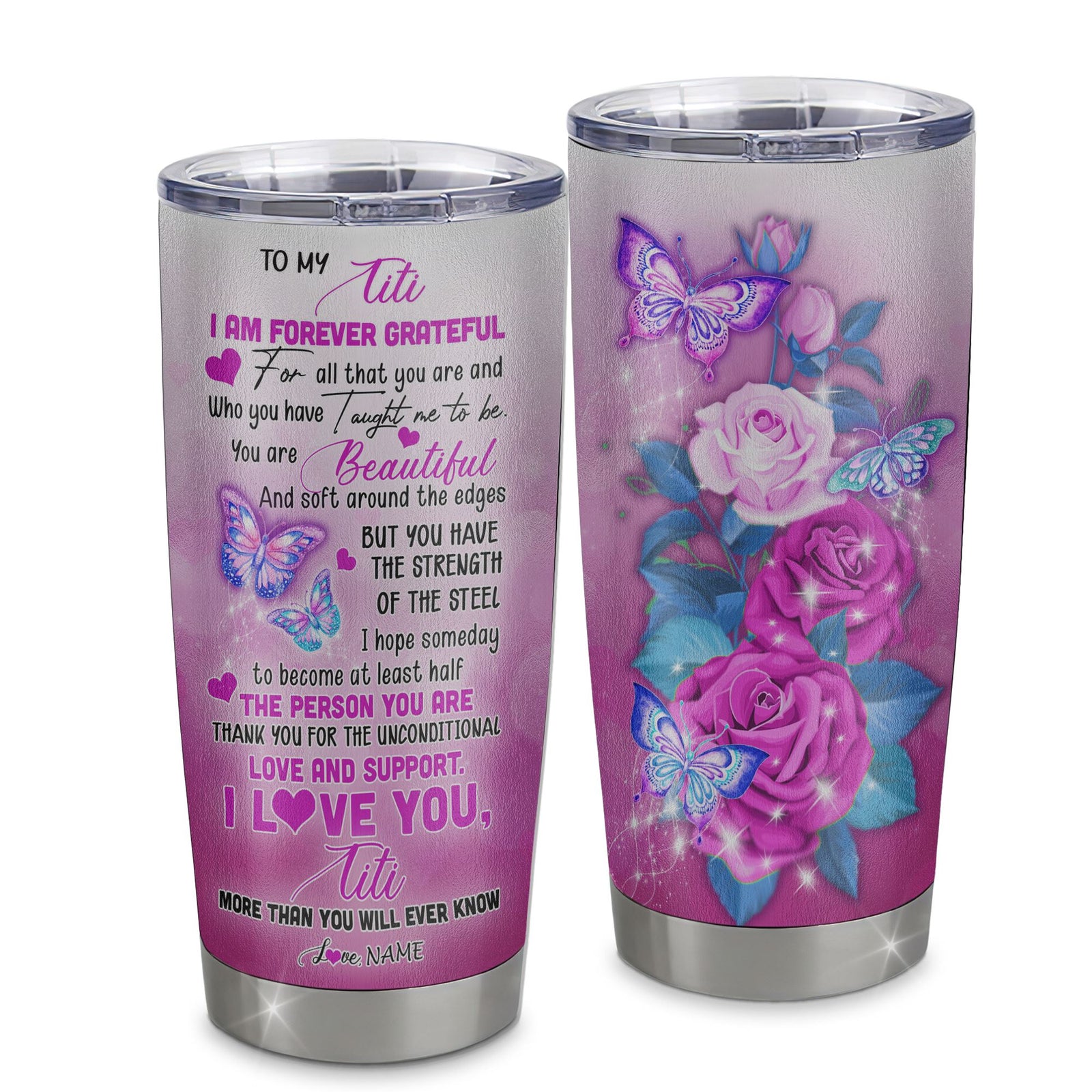 Personalized To My Titi From Niece Nephew Grandson Stainless Steel Tumbler Cup Butterfly I Am Forever GrateFul Titi Mothers Day Birthday Christmas Travel Mug | teecentury
