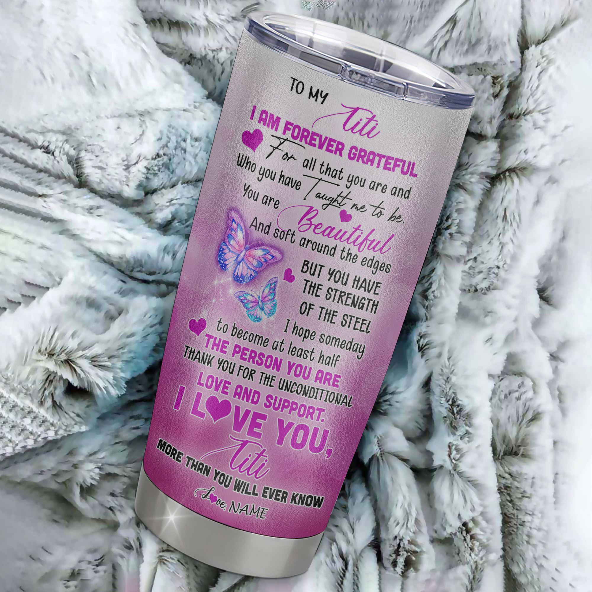 Personalized To My Titi From Niece Nephew Grandson Stainless Steel Tumbler Cup Butterfly I Am Forever GrateFul Titi Mothers Day Birthday Christmas Travel Mug | teecentury