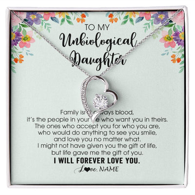 Forever Love Necklace | Personalized To My Unbiological Daughter Necklace Family Isn't Always Blood Bonus Daughter Stepdaughter Birthday Christmas Customized Gift Box Message Card | teecentury
