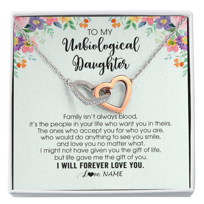 Interlocking Hearts Necklace | Personalized To My Unbiological Daughter Necklace Family Isn't Always Blood Bonus Daughter Stepdaughter Birthday Christmas Customized Gift Box Message Card | teecentury