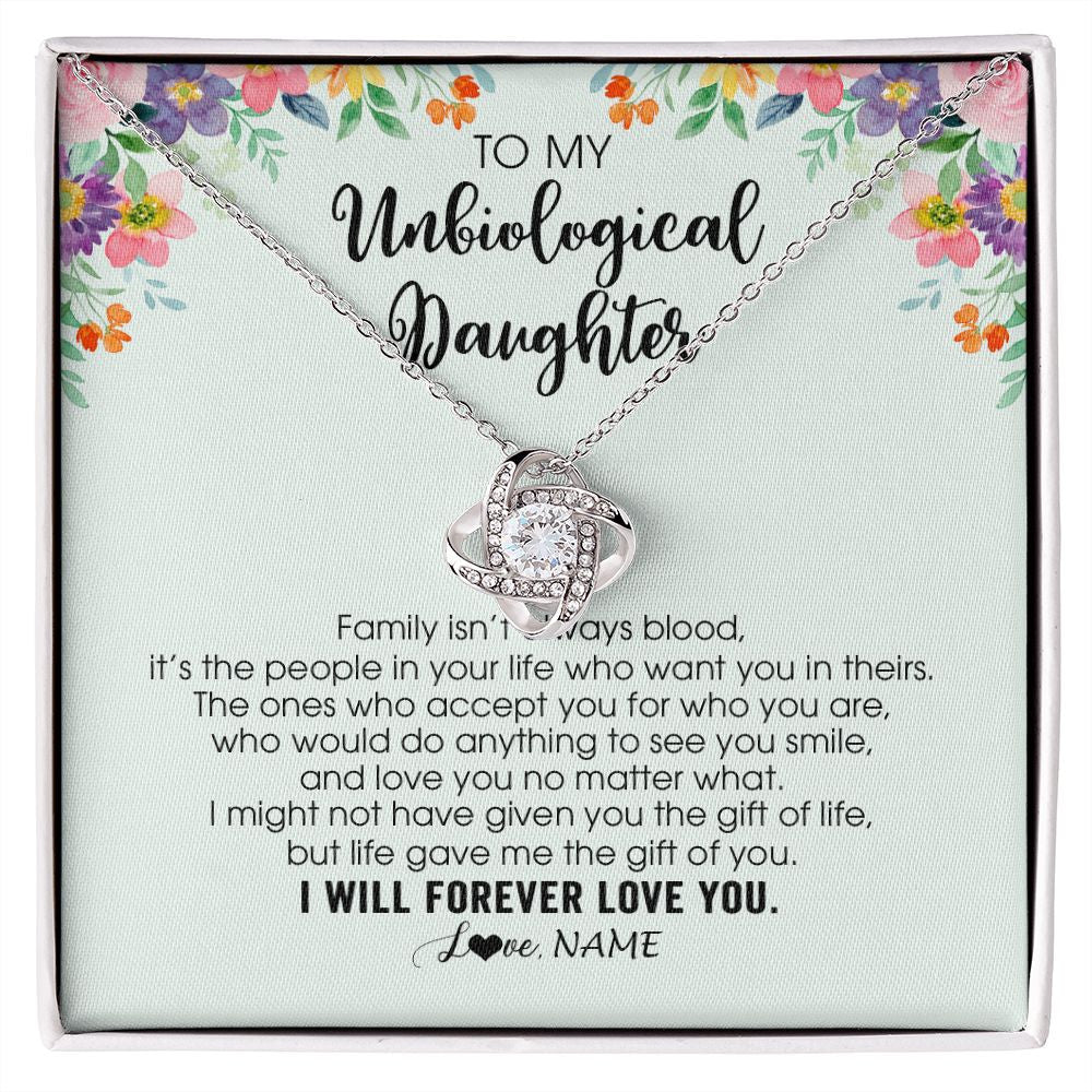 Love Knot Necklace | Personalized To My Unbiological Daughter Necklace Family Isn't Always Blood Bonus Daughter Stepdaughter Birthday Christmas Customized Gift Box Message Card | teecentury