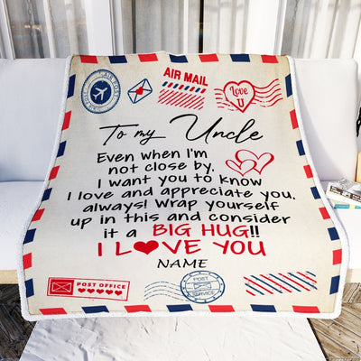 Personalized To My Uncle Blanket From Nephew Niece I Love You Hugs Air Mail Letter Birthday Fathers Day Christmas Thanksgiving Customized Fleece Blanket Blanket | Teecentury.com