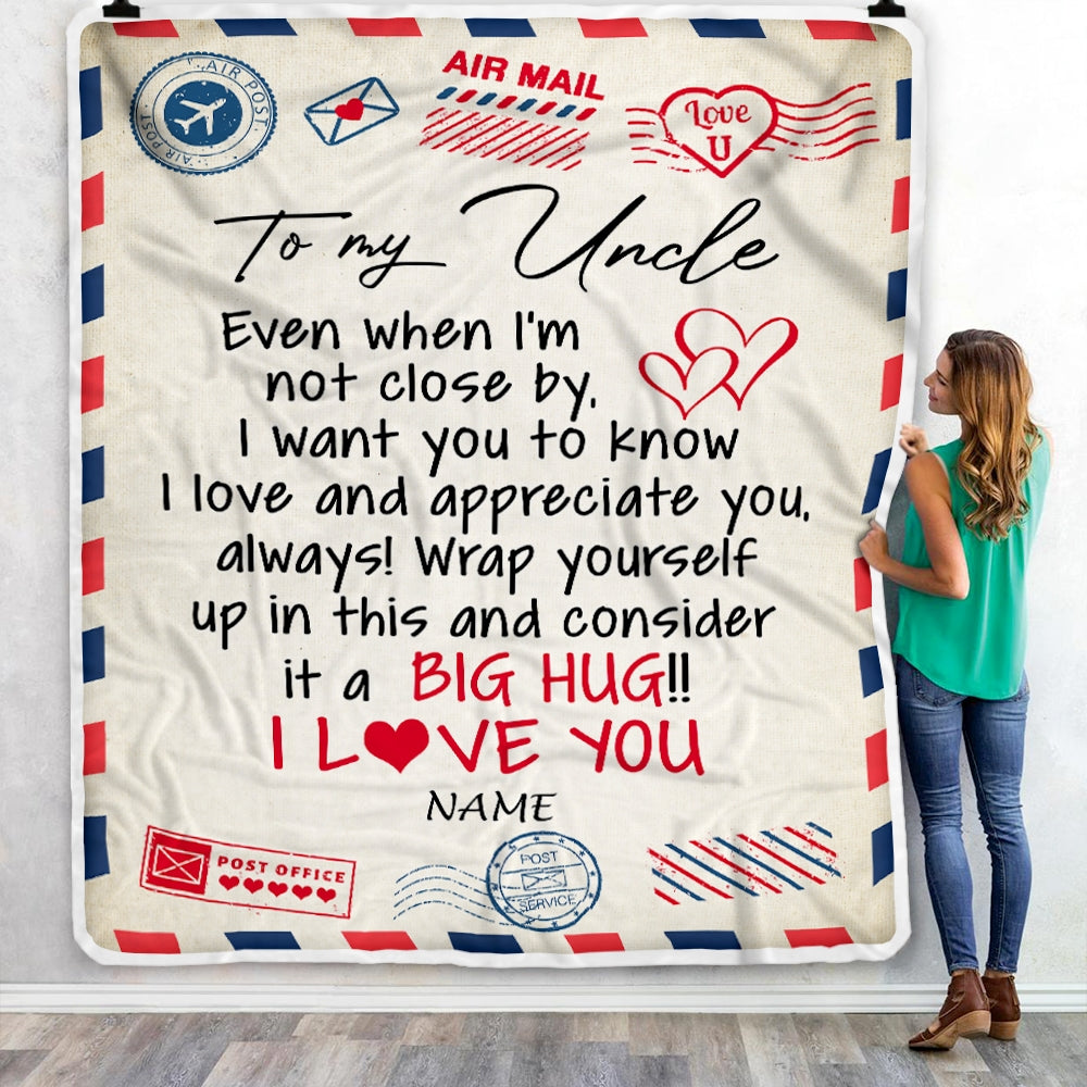 Personalized To My Uncle Blanket From Nephew Niece I Love You Hugs Air Mail Letter Birthday Fathers Day Christmas Thanksgiving Customized Fleece Blanket Blanket | Teecentury.com