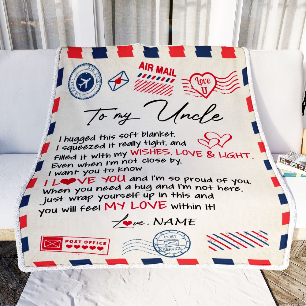 Personalized To My Uncle Blanket From Niece Nephew Air Mail Letter I Love You Uncle Birthday Fathers Day Christmas Customized Fleece Throw Blanket | teecentury