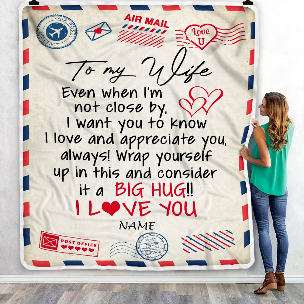 Personalized To My Wife Blanket From Husband I Love You Hugs Air Mail Letter Wife Birthday Valentine Christmas Wedding Anniversary Customized Fleece Blanket Blanket | Teecentury.com