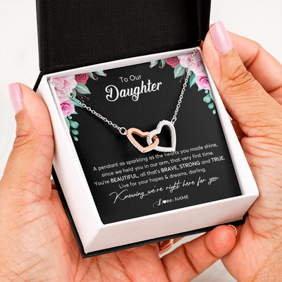 Interlocking Hearts Necklace | Personalized To Our Daughter Necklace From Mom Dad You're Beautiful Daughter Jewelry Pendant Birthday Valentines Day Christmas Customized Gift Box Message Card | teecentury
