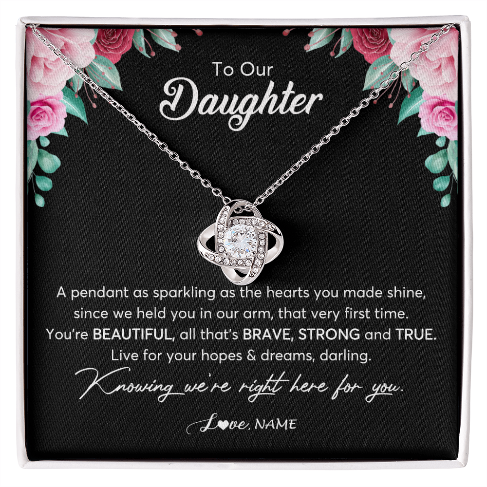 Love Knot Necklace | Personalized To Our Daughter Necklace From Mom Dad You're Beautiful Daughter Jewelry Pendant Birthday Valentines Day Christmas Customized Gift Box Message Card | teecentury