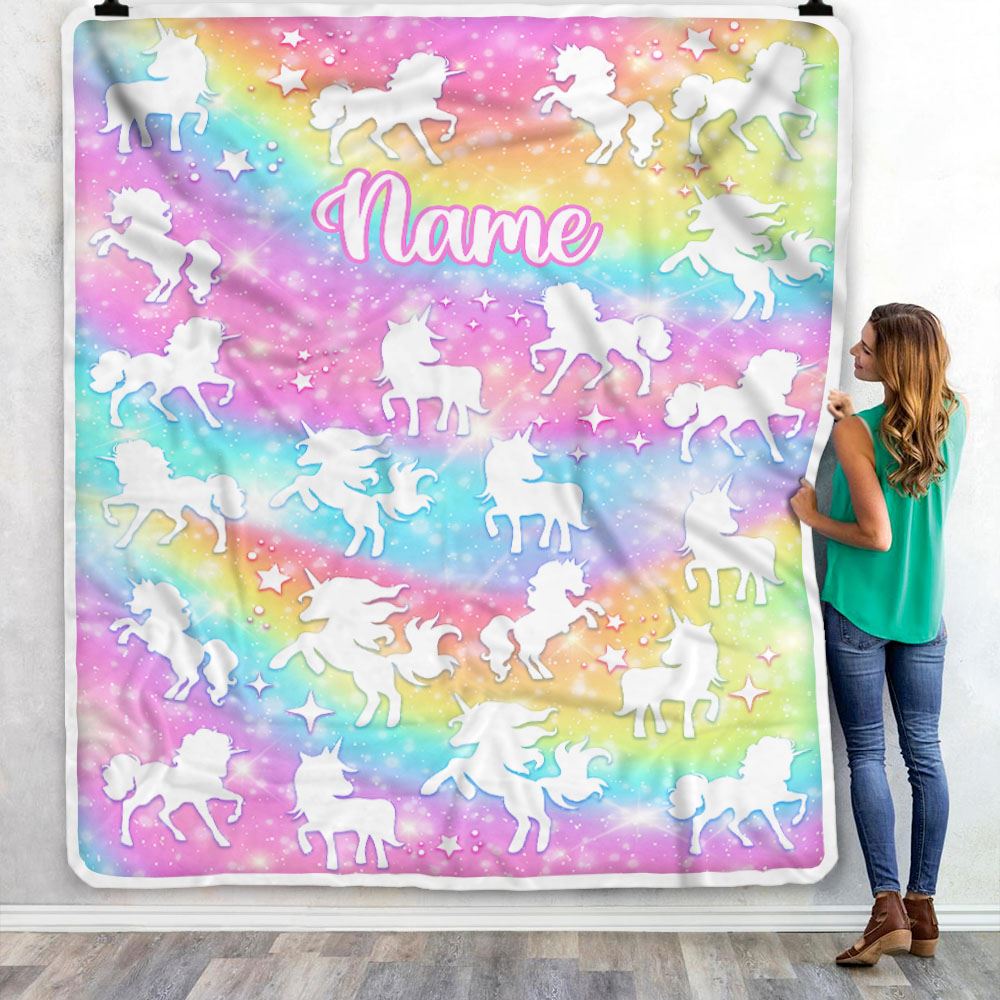Personalized Unicorn Blanket For Girls Kids Custom Name Pink Rainbow Unicorns Daughter Granddaughter Niece Birthday Customized Bed Fleece Throw Blanket | teecentury