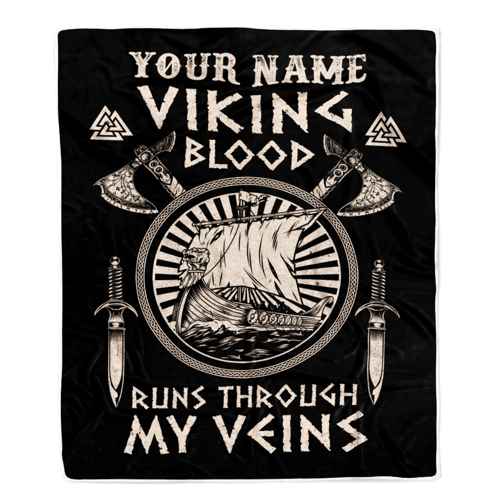 Personalized Viking Ship Blanket Viking Blood Runs Through My Veins Odin God Scandinavian Norse Mythology Runes Men Women Dad Birthday Fleece Throw Blanket Blanket | Teecentury.com