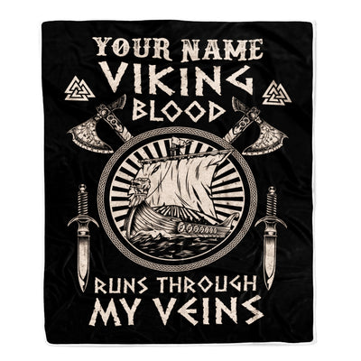 Personalized Viking Ship Blanket Viking Blood Runs Through My Veins Odin God Scandinavian Norse Mythology Runes Men Women Dad Birthday Fleece Throw Blanket Blanket | Teecentury.com