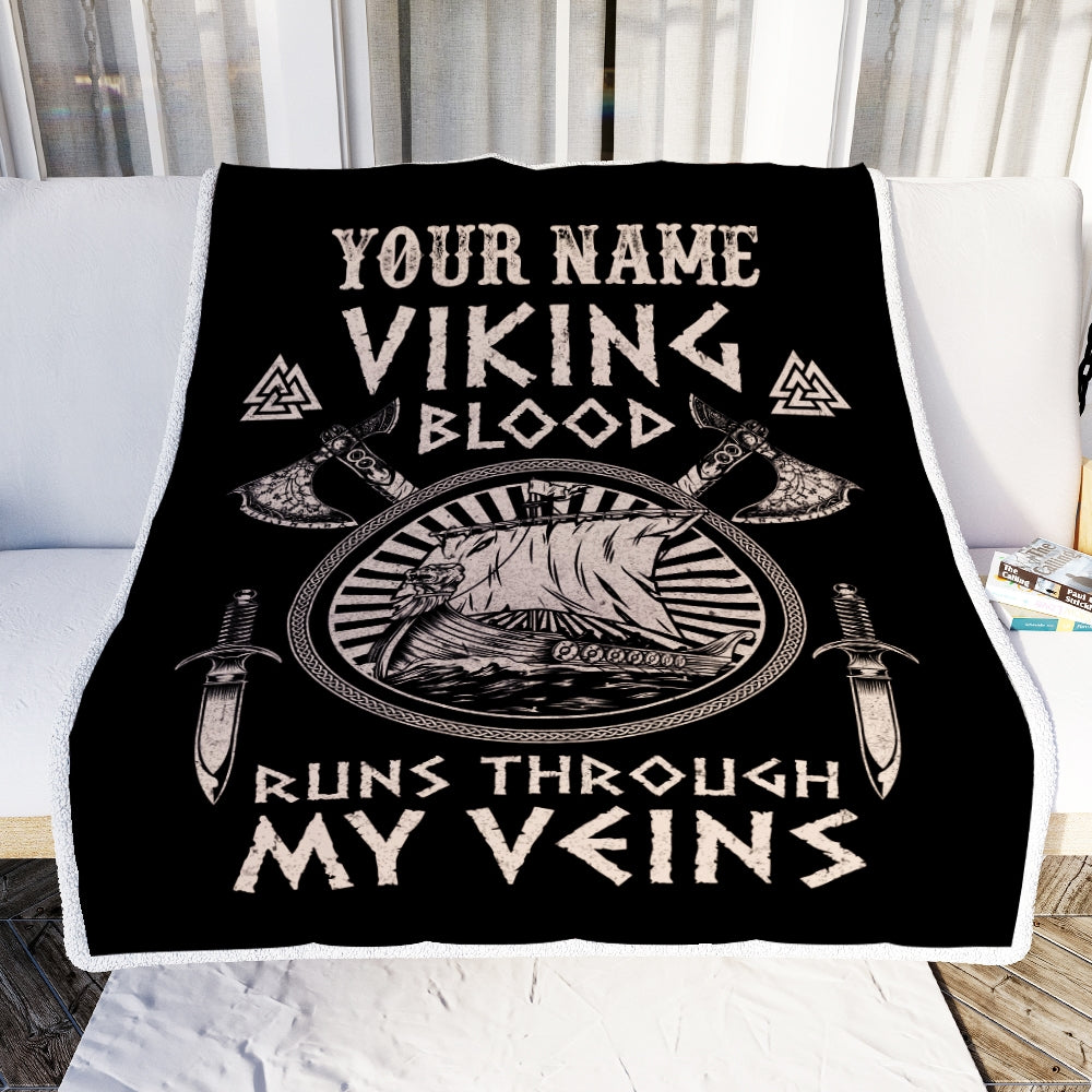 Personalized Viking Ship Blanket Viking Blood Runs Through My Veins Odin God Scandinavian Norse Mythology Runes Men Women Dad Birthday Fleece Throw Blanket Blanket | Teecentury.com