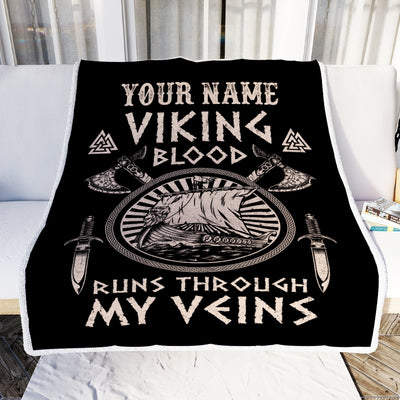 Personalized Viking Ship Blanket Viking Blood Runs Through My Veins Odin God Scandinavian Norse Mythology Runes Men Women Dad Birthday Fleece Throw Blanket Blanket | Teecentury.com
