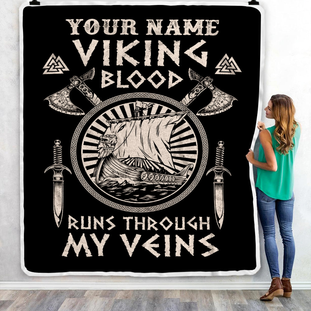 Personalized Viking Ship Blanket Viking Blood Runs Through My Veins Odin God Scandinavian Norse Mythology Runes Men Women Dad Birthday Fleece Throw Blanket Blanket | Teecentury.com