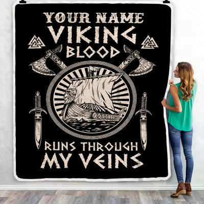 Personalized Viking Ship Blanket Viking Blood Runs Through My Veins Odin God Scandinavian Norse Mythology Runes Men Women Dad Birthday Fleece Throw Blanket Blanket | Teecentury.com