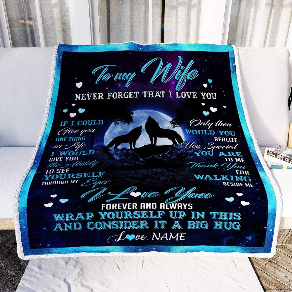 Personalized Wolf to My Wife Blanket from Husband Never Forget That I Love You for Wife Birthday Mothers Day Christmas Gifts Customized Fleece Blanket Blanket | Teecentury.com