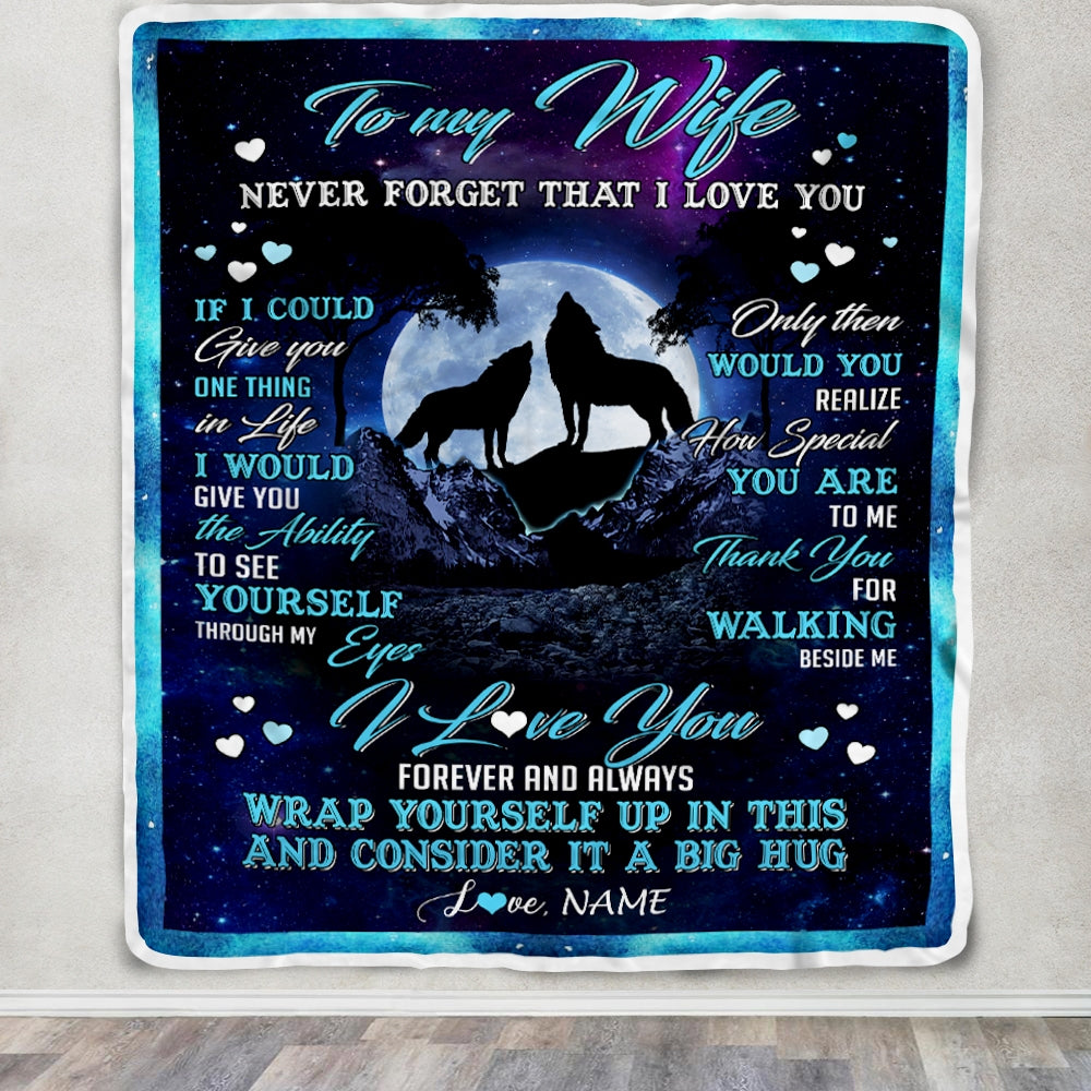 Personalized Wolf to My Wife Blanket from Husband Never Forget That I Love You for Wife Birthday Mothers Day Christmas Gifts Customized Fleece Blanket Blanket | Teecentury.com