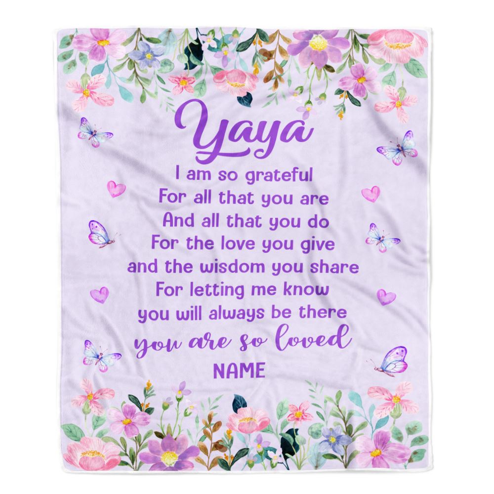 Personalized Yaya Blanket From Granddaughter Grandson Floral Butterfly Love You Give Yaya Mothers Day Birthday Christmas Customized Bed Fleece Blanket | teecentury