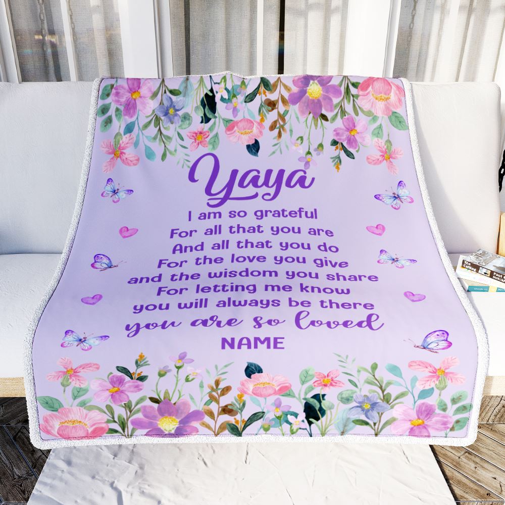 Personalized Yaya Blanket From Granddaughter Grandson Floral Butterfly Love You Give Yaya Mothers Day Birthday Christmas Customized Bed Fleece Blanket | teecentury