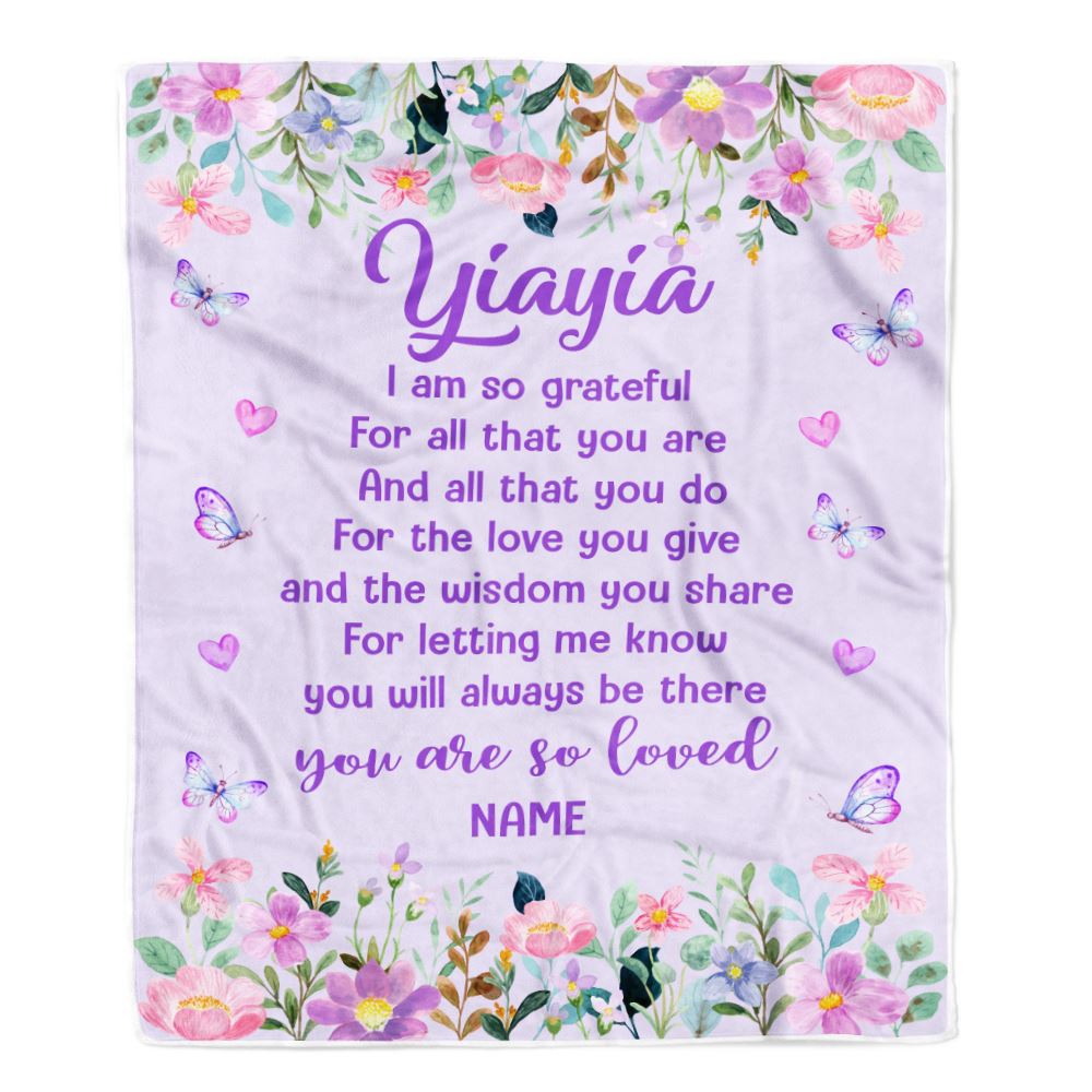 Personalized Yiayia Blanket From Granddaughter Grandson Floral Butterfly Love You Give Yiayia Mothers Day Birthday Christmas Customized Bed Fleece Blanket | teecentury